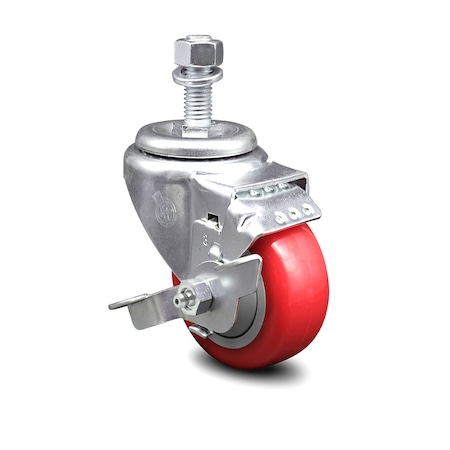 Service Caster 3 Inch Red Polyurethane Wheel Swivel 12mm Threaded Stem Caster with Brake SCC-TS20S314-PPUB-RED-TLB-M1215